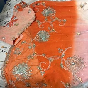 Saree Chiffon Orange and White